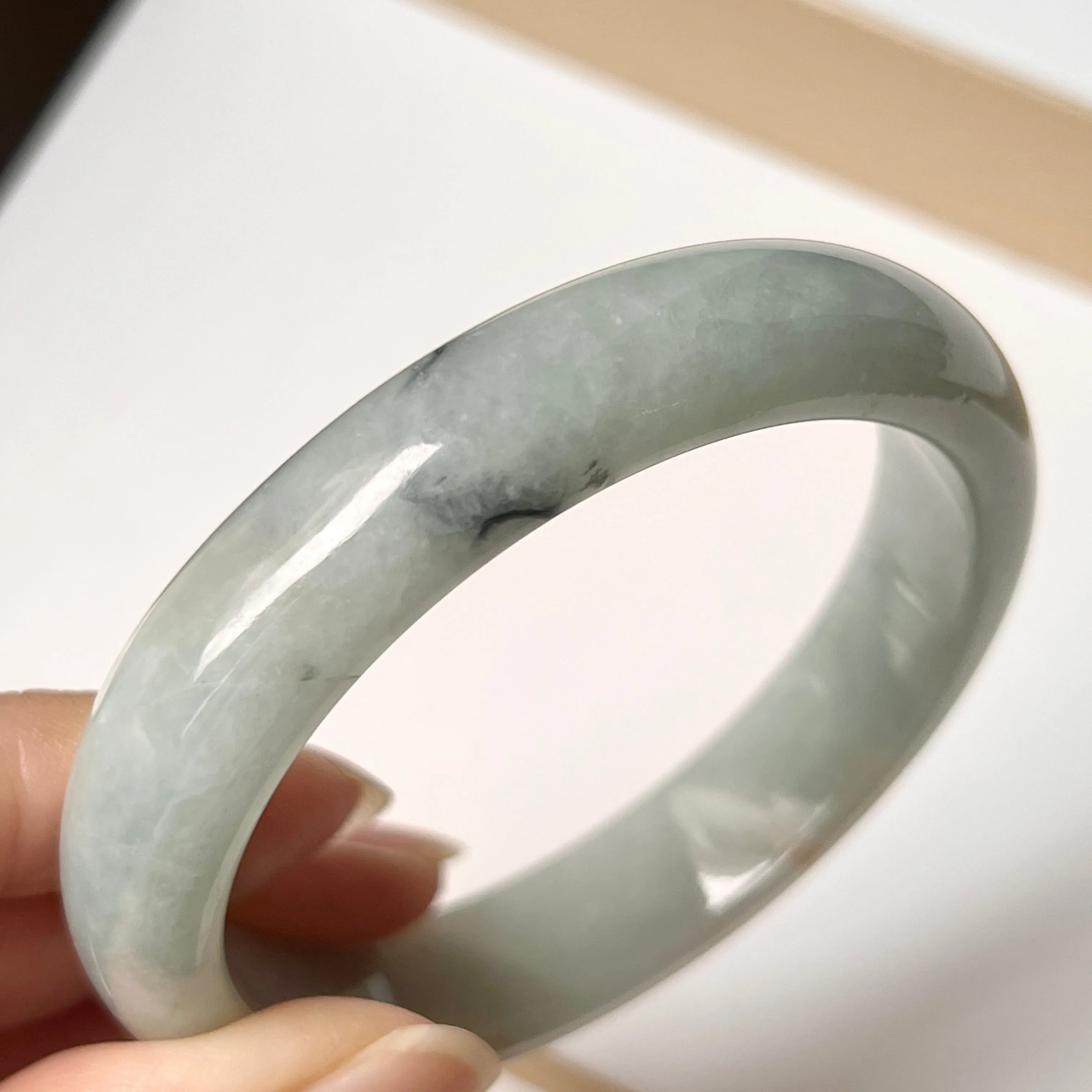 53.8mm A-Grade Natural Light Bluish Green Jadeite Modern Round Bangle No. 152006