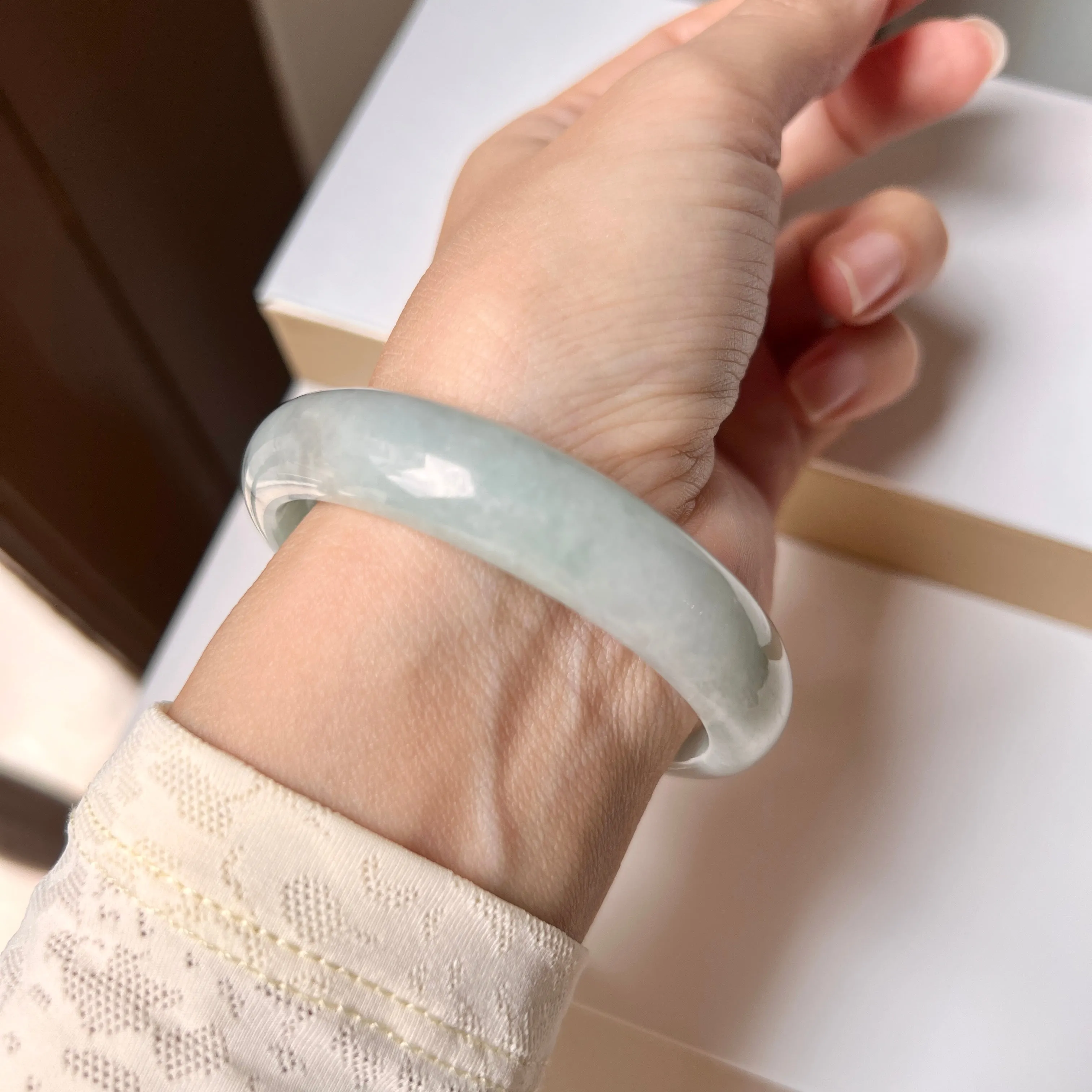 53.8mm A-Grade Natural Light Bluish Green Jadeite Modern Round Bangle No. 152006