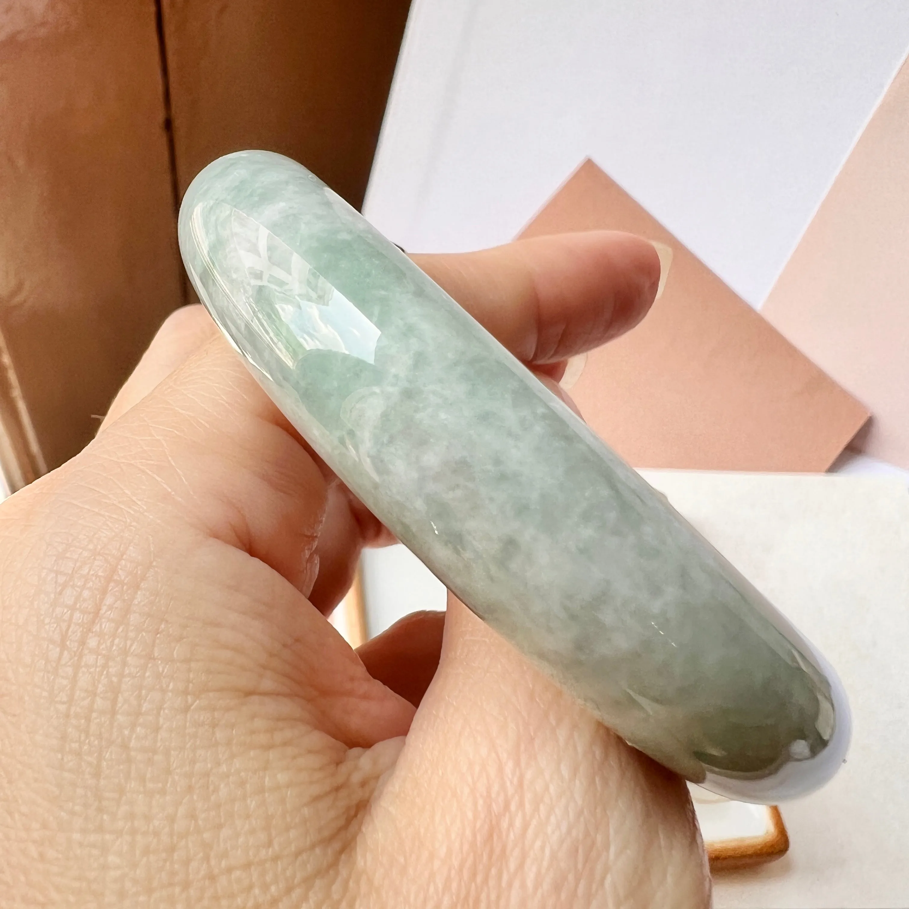 56.3mm A-Grade Natural Light Green Jadeite Modern Round Bangle with V.Petals Embellishment No.151976