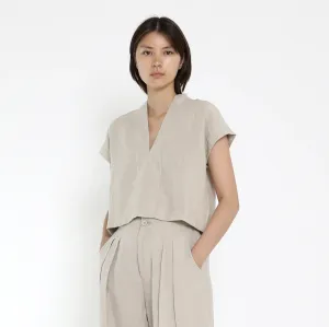 7115 by Szeki V-Neck Oatmeal Linen Panel Top