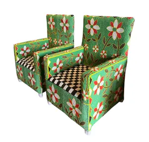 African Beaded Chair in Green Floral