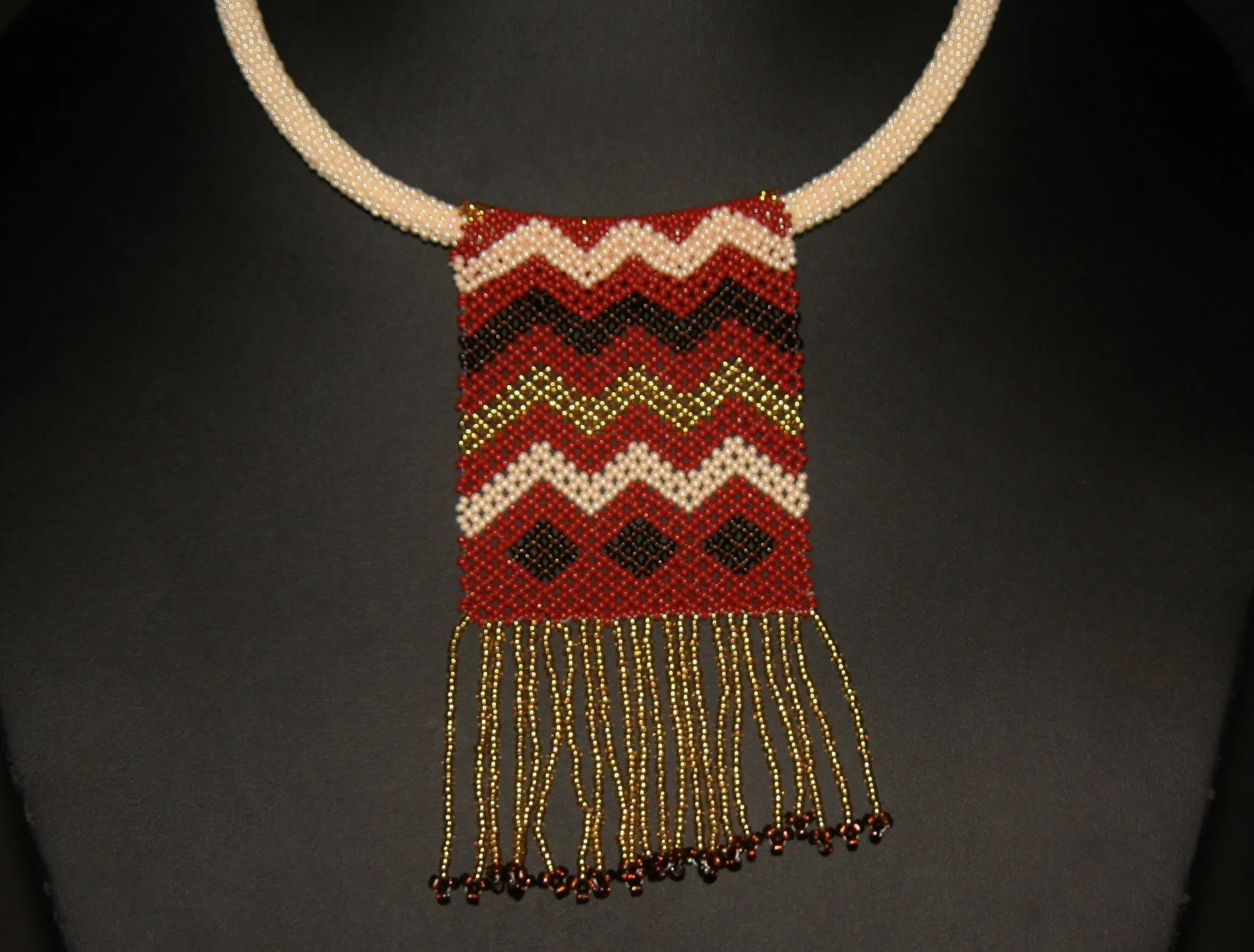 African Beaded Necklace Mahogany Brown Gold on Pearl Colored Choker