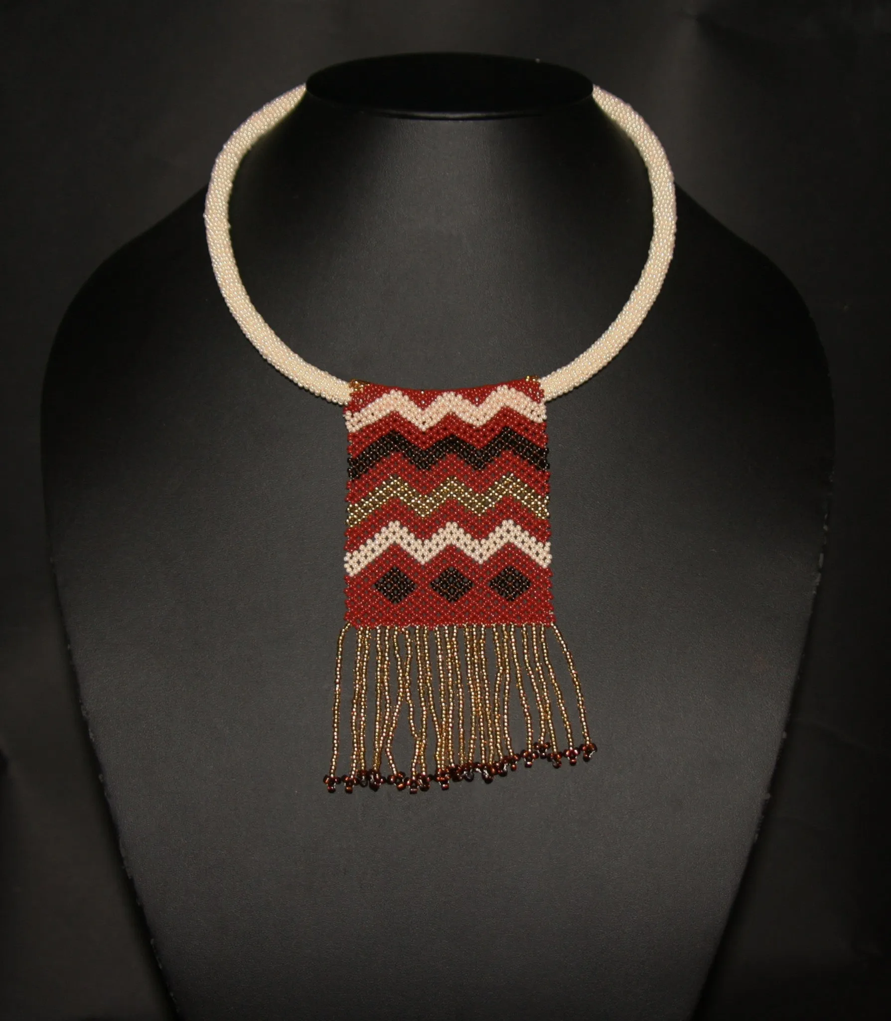 African Beaded Necklace Mahogany Brown Gold on Pearl Colored Choker