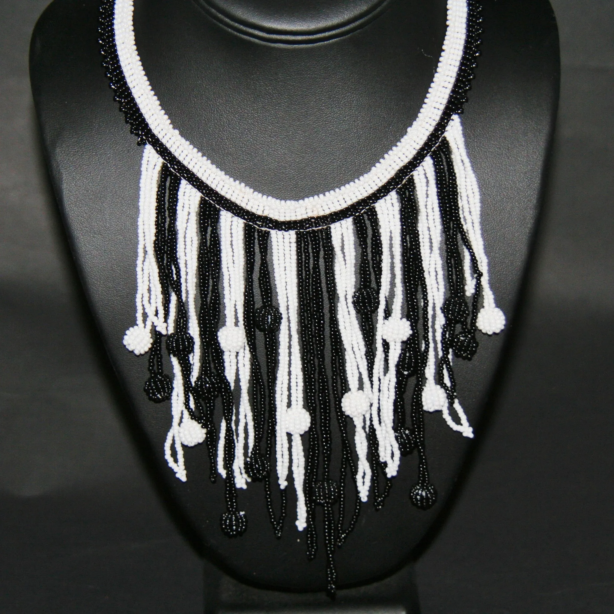 African Choker Beaded Cascade Necklace Black White
