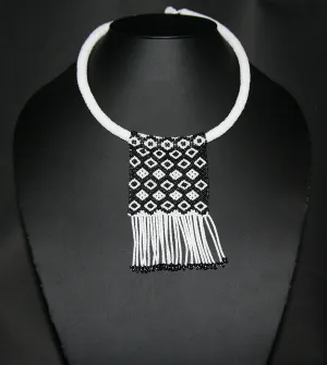 African Love Letter Beaded Necklace Black & White on White Bead Choker