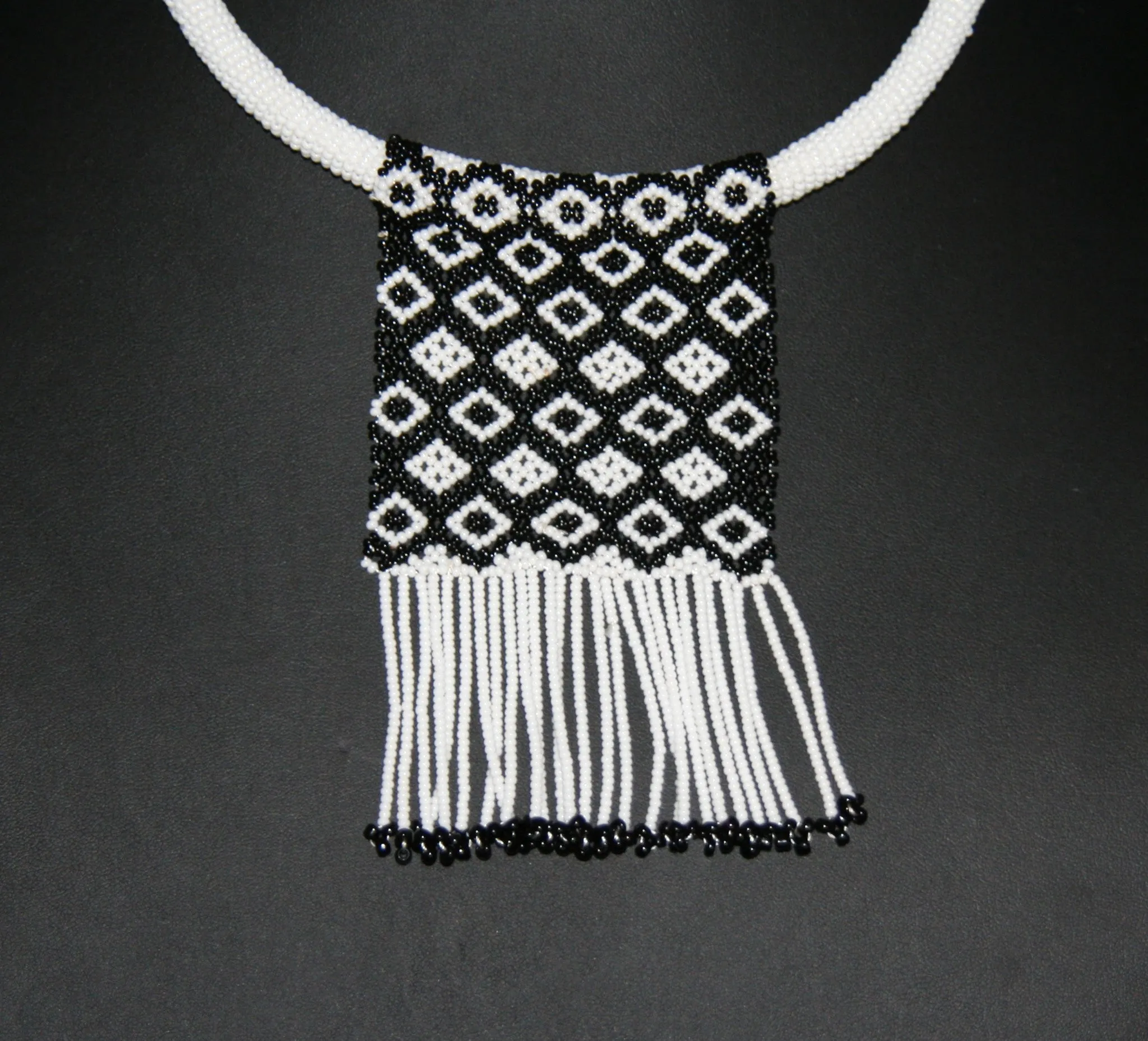 African Love Letter Beaded Necklace Black & White on White Bead Choker