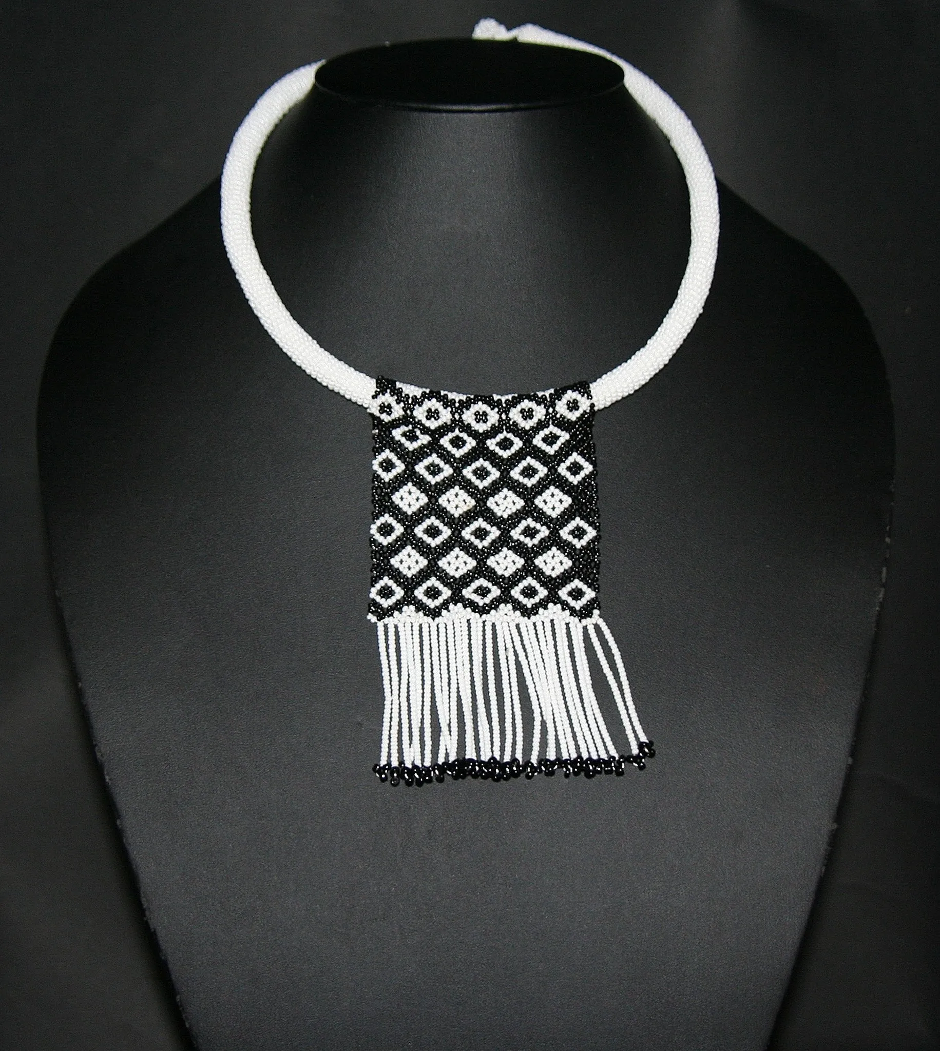 African Love Letter Beaded Necklace Black & White on White Bead Choker