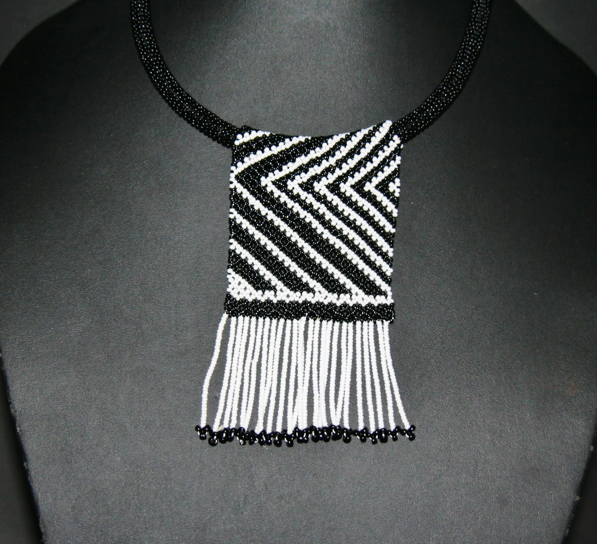 African Zulu Love Beaded Necklace Black White Beaded Fringe