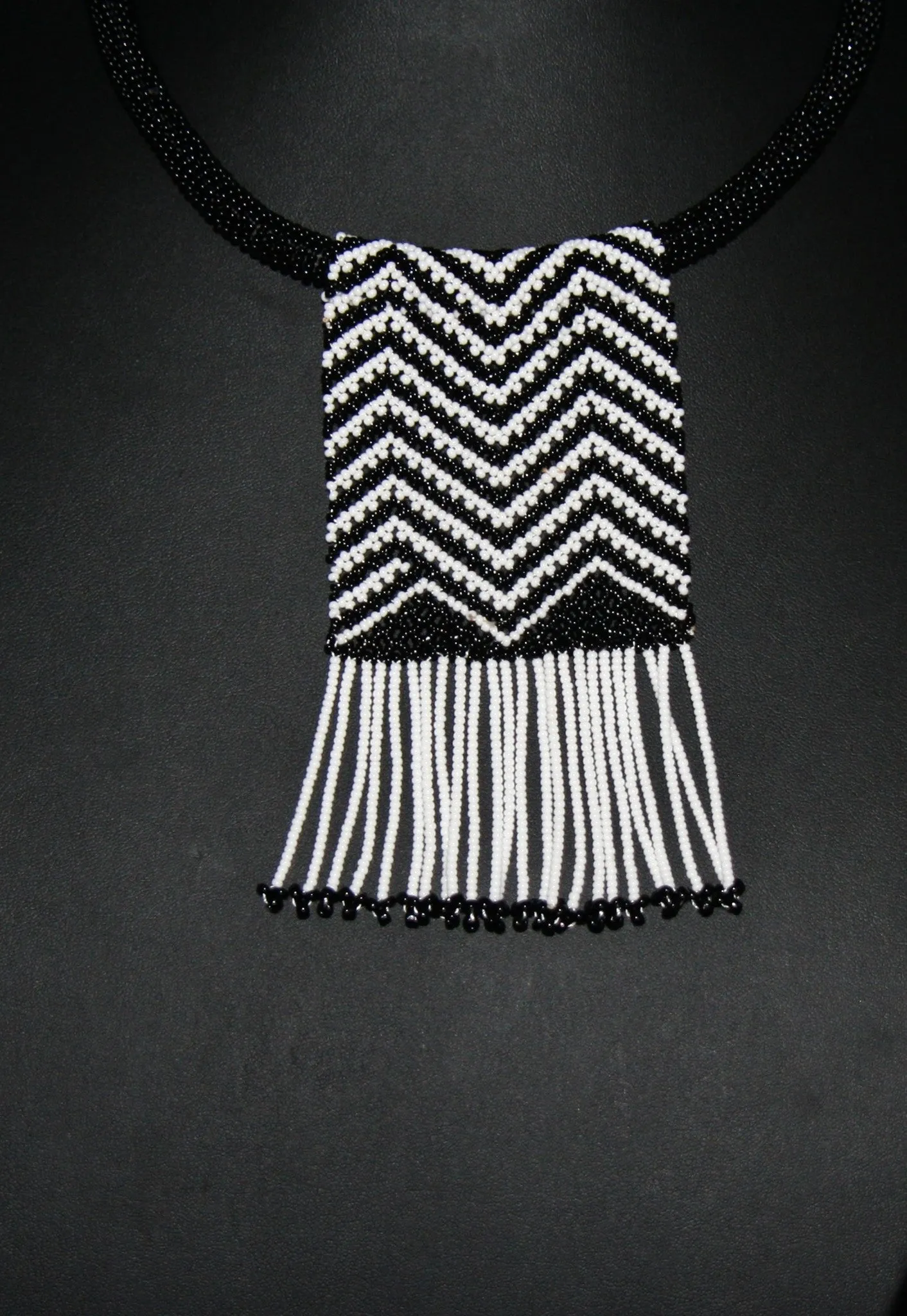 African Zulu Love Letter Beaded Choker Necklace Black & White