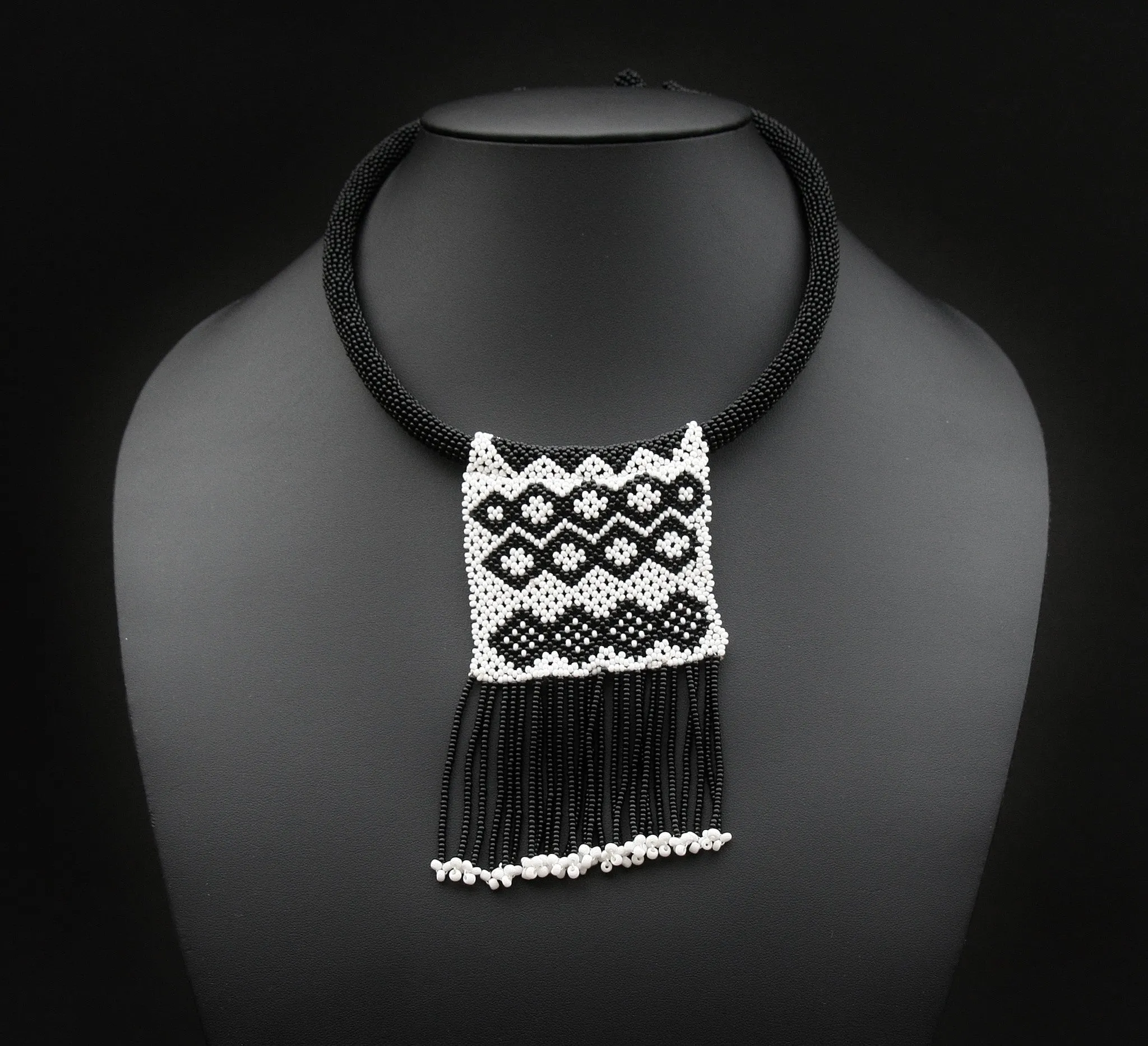 African Zulu Love Letter Beaded Choker Necklace Black & White