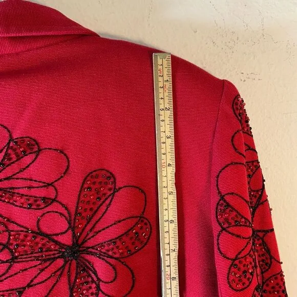 ANAGE WOMANS BLAZER SMALL BLACK RED COTTON ZIP EMBROIDERED BEADED JACKET COAT