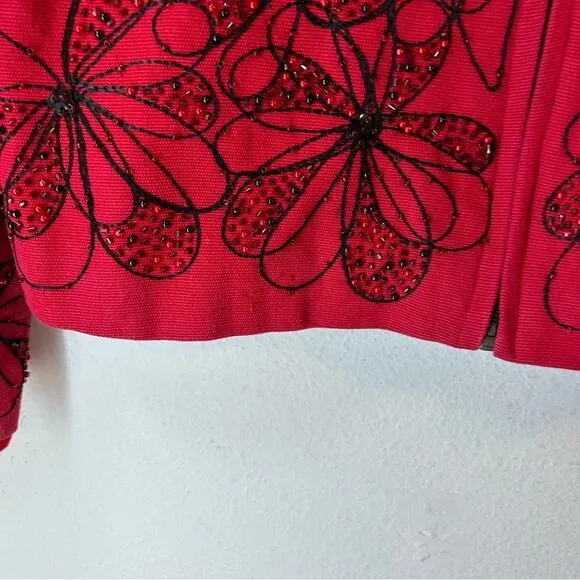 ANAGE WOMANS BLAZER SMALL BLACK RED COTTON ZIP EMBROIDERED BEADED JACKET COAT