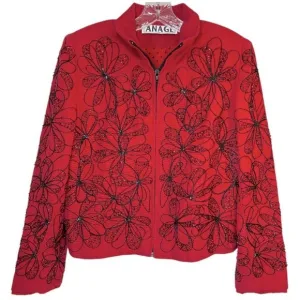 ANAGE WOMANS BLAZER SMALL BLACK RED COTTON ZIP EMBROIDERED BEADED JACKET COAT