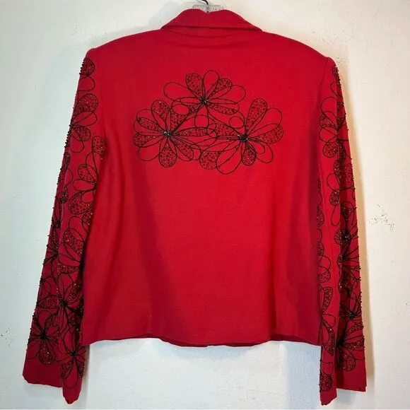 ANAGE WOMANS BLAZER SMALL BLACK RED COTTON ZIP EMBROIDERED BEADED JACKET COAT