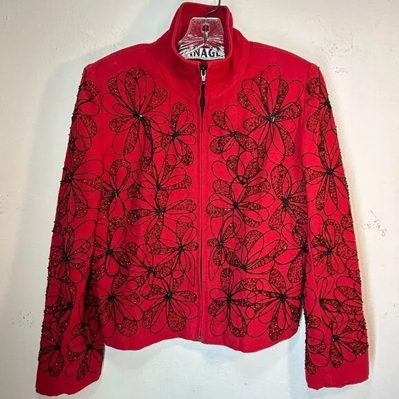 ANAGE WOMANS BLAZER SMALL BLACK RED COTTON ZIP EMBROIDERED BEADED JACKET COAT