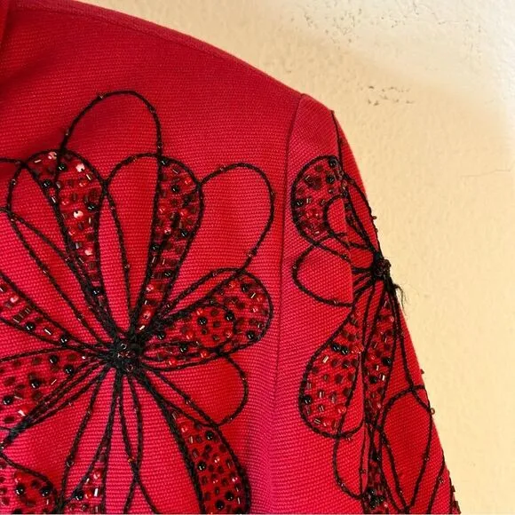 ANAGE WOMANS BLAZER SMALL BLACK RED COTTON ZIP EMBROIDERED BEADED JACKET COAT