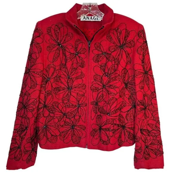 ANAGE WOMANS BLAZER SMALL BLACK RED COTTON ZIP EMBROIDERED BEADED JACKET COAT