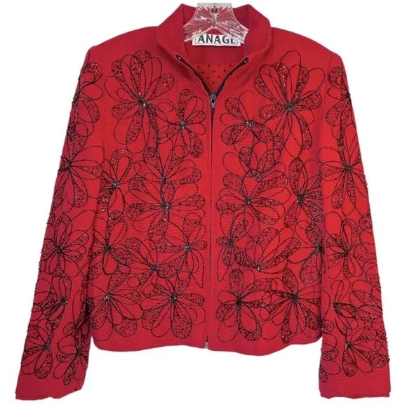 ANAGE WOMANS BLAZER SMALL BLACK RED COTTON ZIP EMBROIDERED BEADED JACKET COAT
