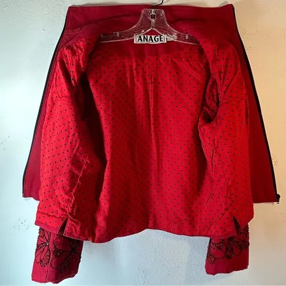 ANAGE WOMANS BLAZER SMALL BLACK RED COTTON ZIP EMBROIDERED BEADED JACKET COAT