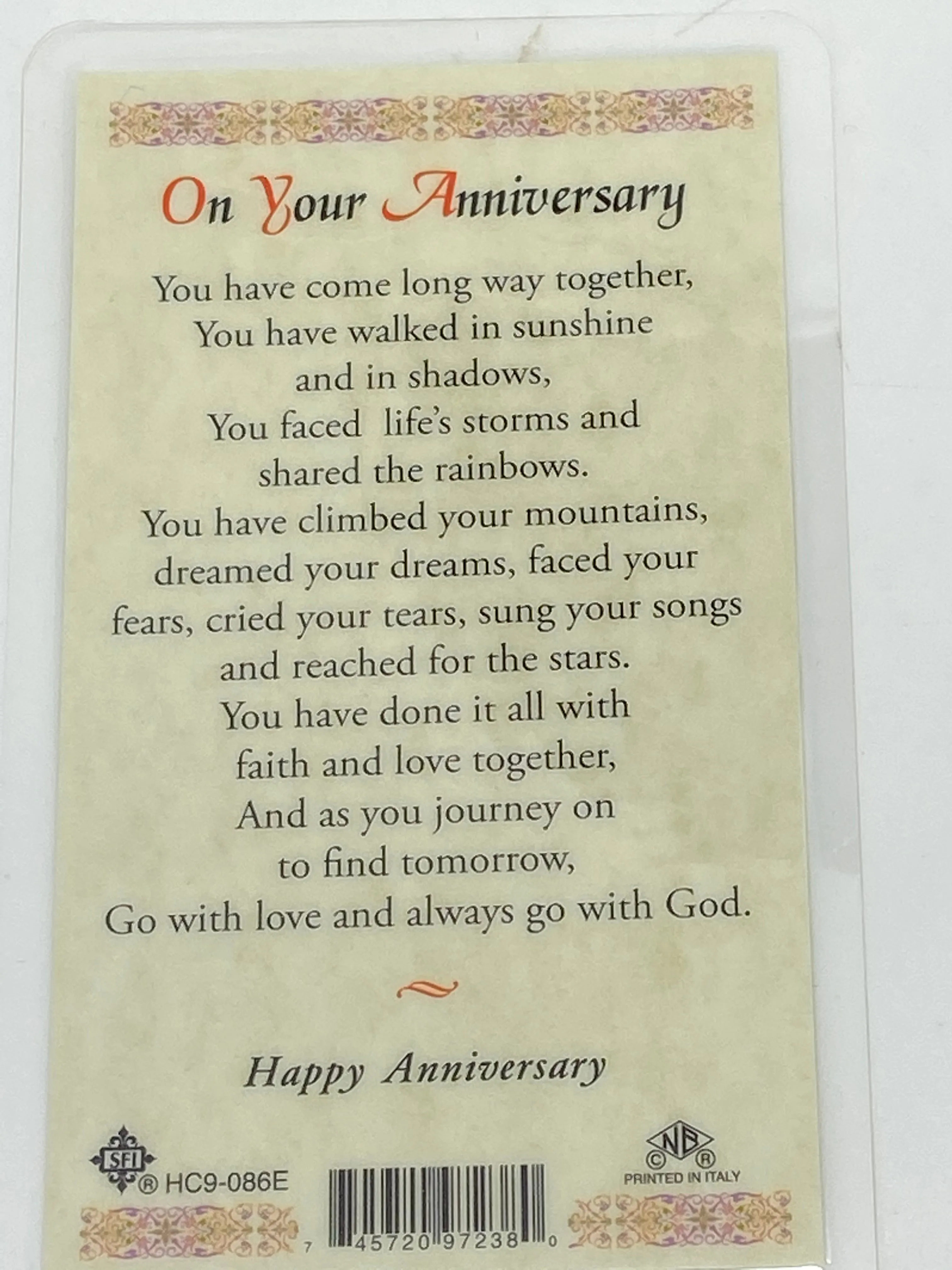 Anniversary Laminated Holy Card (Plastic Covered)