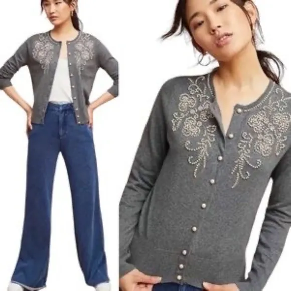 Anthropologie Field Flower Pearl Beaded Gray Cardigan Sweater Small