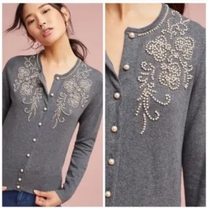 Anthropologie Field Flower Pearl Beaded Gray Cardigan Sweater Small