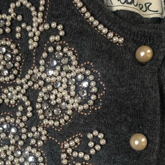 Anthropologie Field Flower Pearl Beaded Gray Cardigan Sweater Small