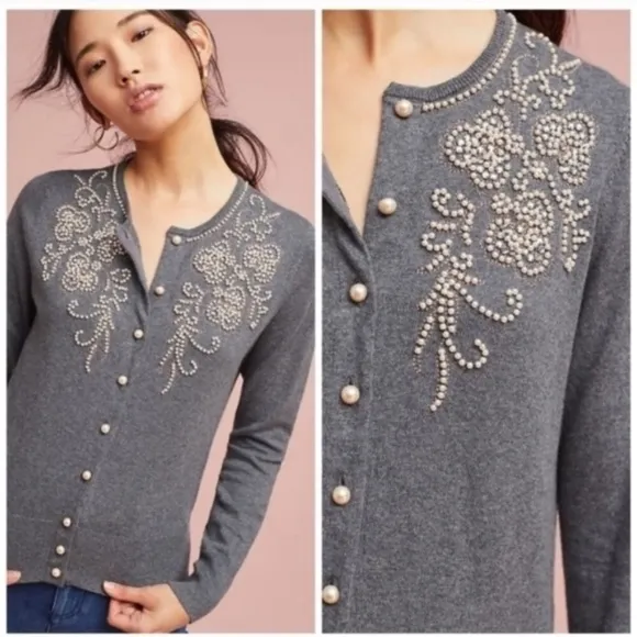 Anthropologie Field Flower Pearl Beaded Gray Cardigan Sweater Small
