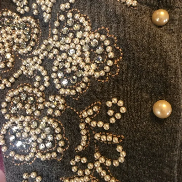 Anthropologie Field Flower Pearl Beaded Gray Cardigan Sweater Small