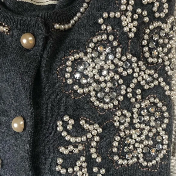 Anthropologie Field Flower Pearl Beaded Gray Cardigan Sweater Small