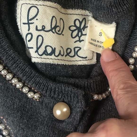 Anthropologie Field Flower Pearl Beaded Gray Cardigan Sweater Small