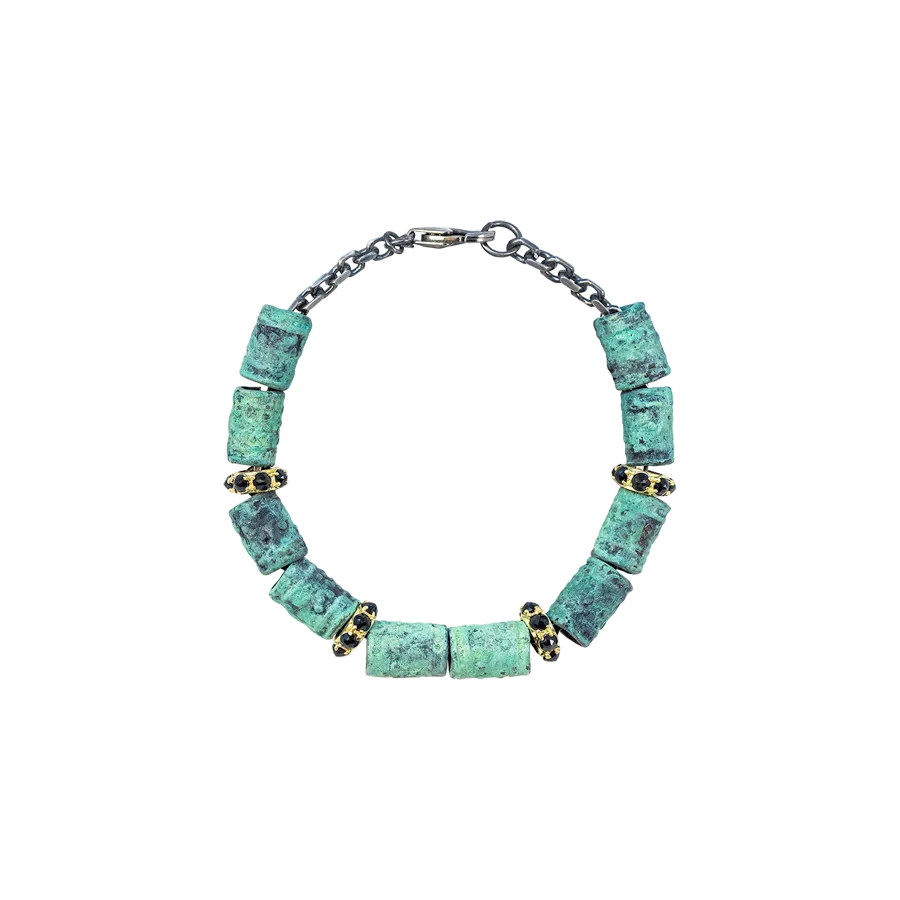 ARTIFACT  TEAL PATINA CYLINDER BEADED LINK BRACELET WITH BLACK SAPPHIRE