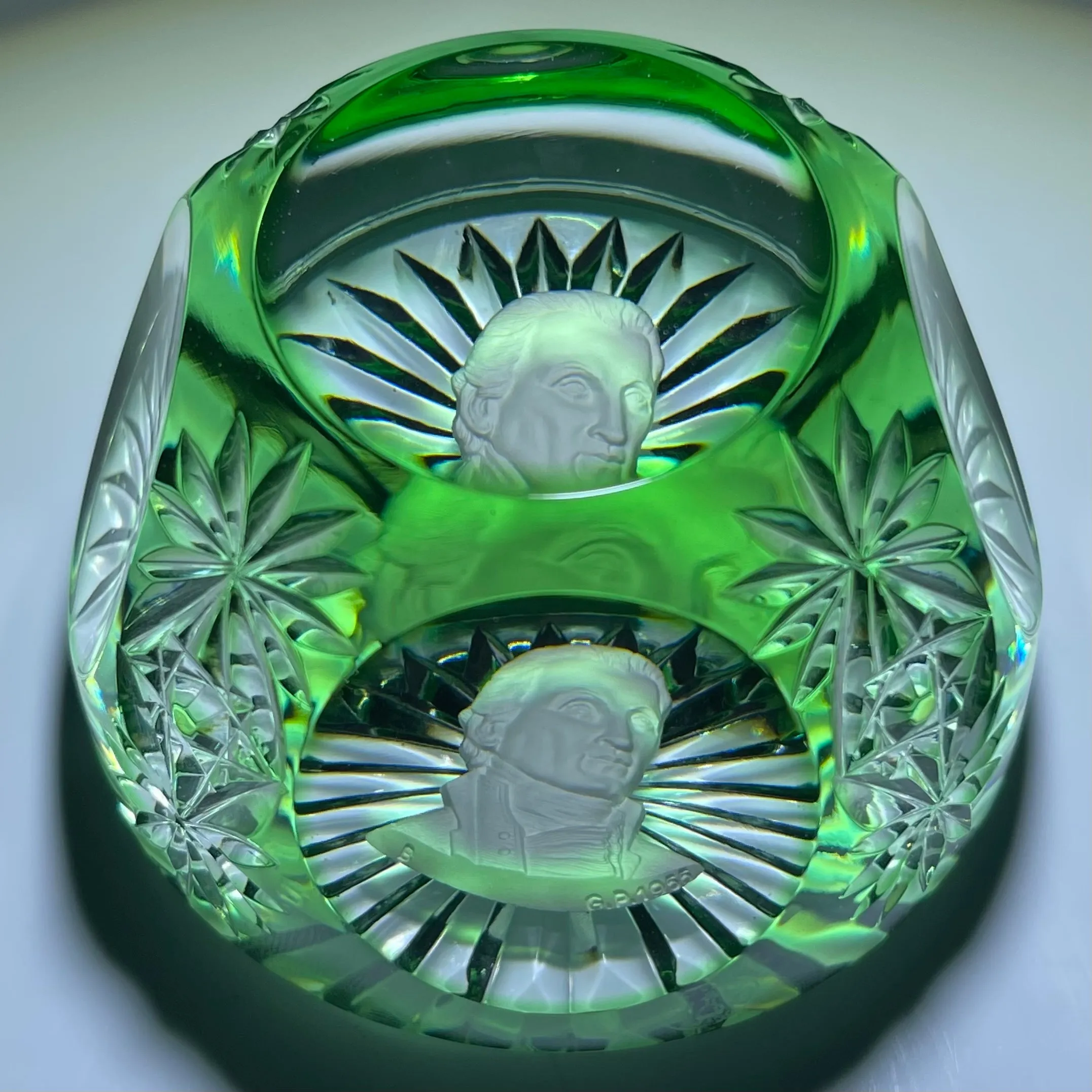 Baccarat 1955 President James Monroe Sulphide Fancy Cut Green Overlay