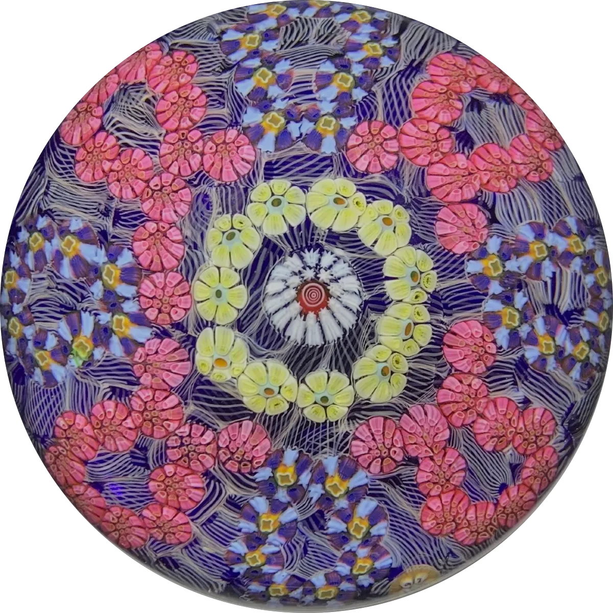 Baccarat 1970 Interlaced Complex Millefiori Garland On White Filigree Lace Over Transparent Blue