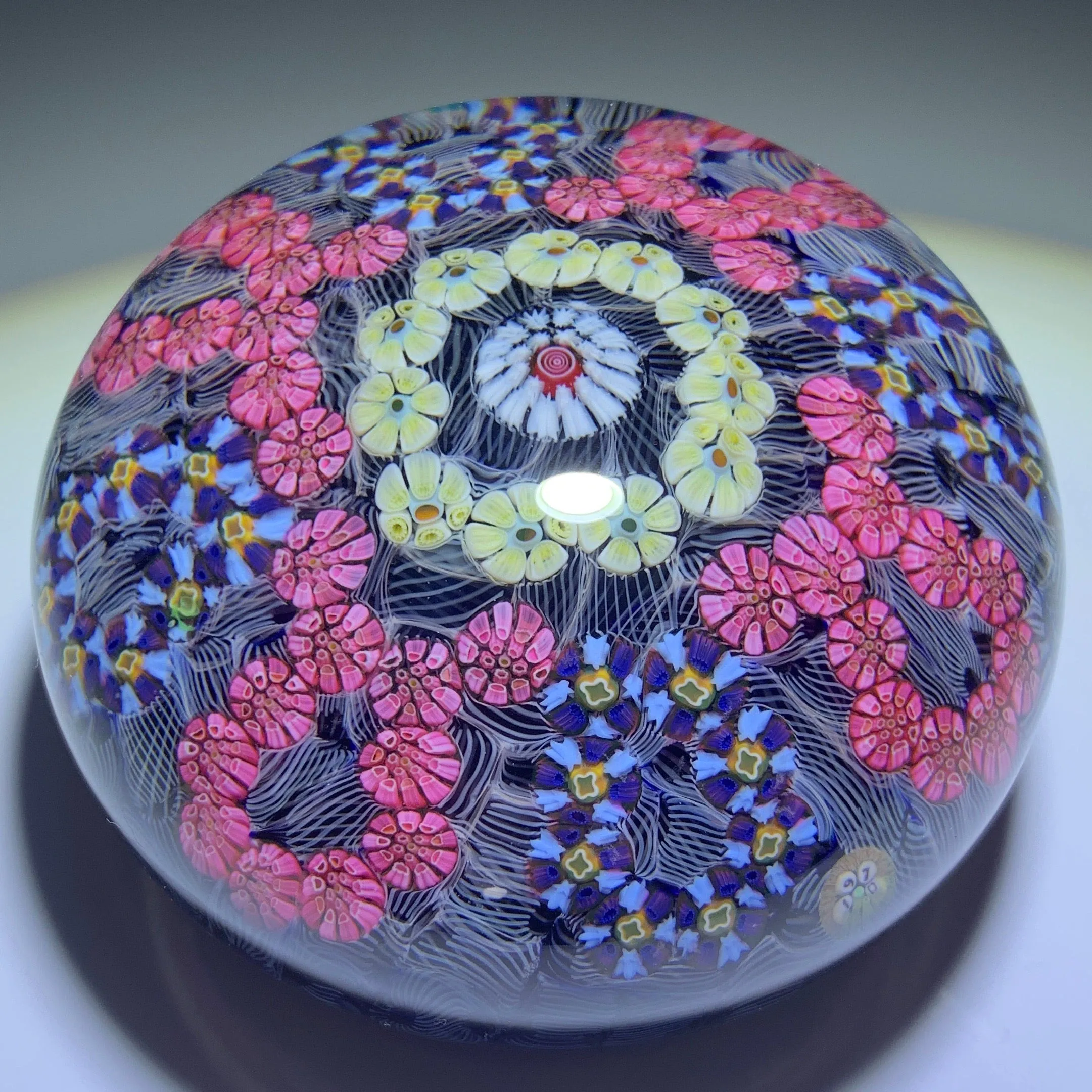 Baccarat 1970 Interlaced Complex Millefiori Garland On White Filigree Lace Over Transparent Blue