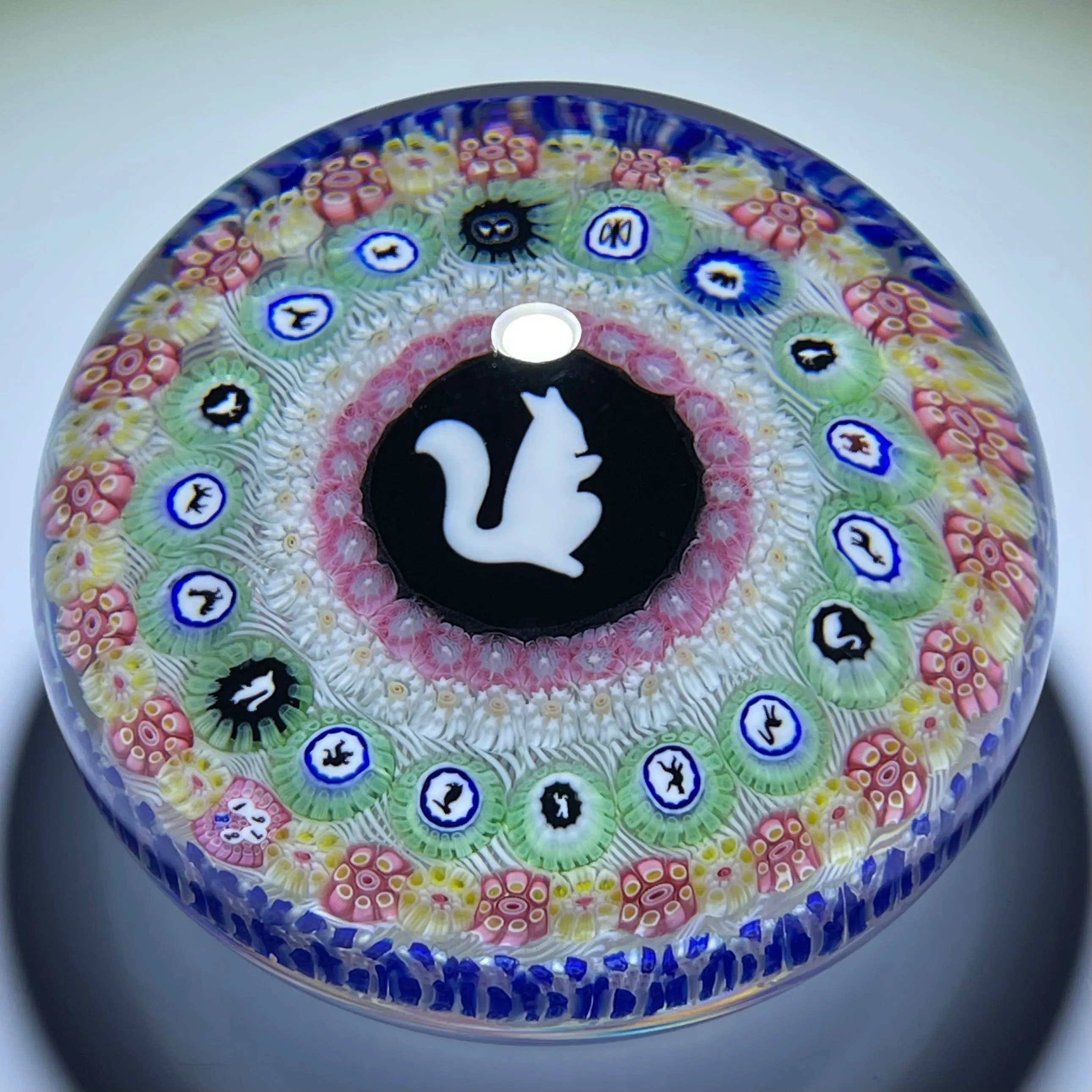 Baccarat 1972 Art Glass Paperweight Gridel Silhouette Millefiori Squirrel with Complex Millefiori