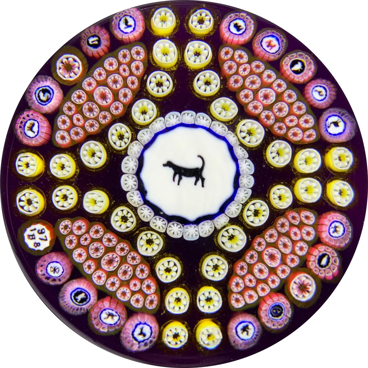 Baccarat 1978 Dog Gridel Silhouette with Patterned Silhouette Canes & Millefiori on Purple