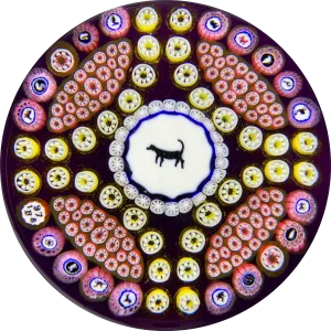 Baccarat 1978 Dog Gridel Silhouette with Patterned Silhouette Canes & Millefiori on Purple
