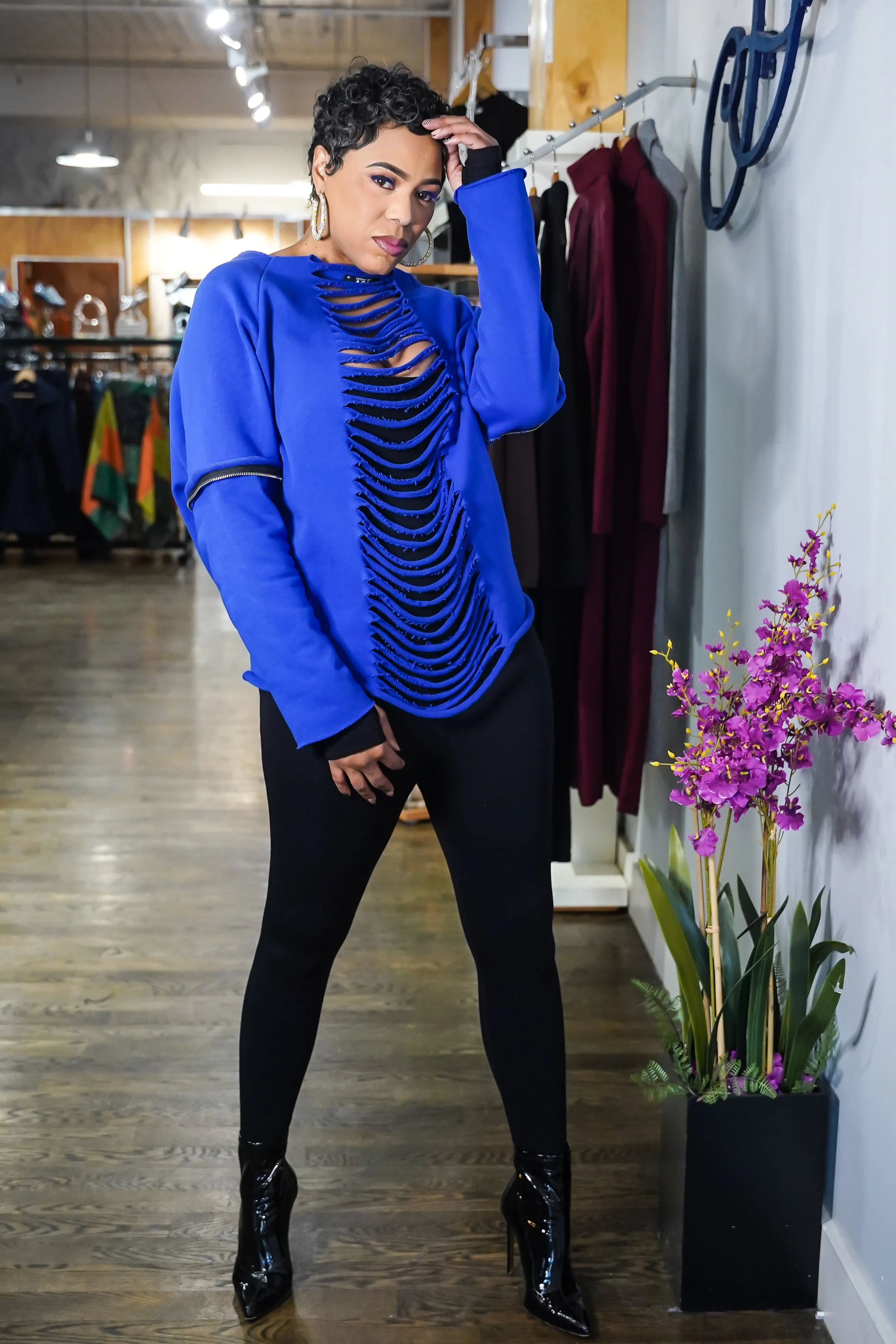 Back it Out Cut- Up Zipper Sweater (Blue)