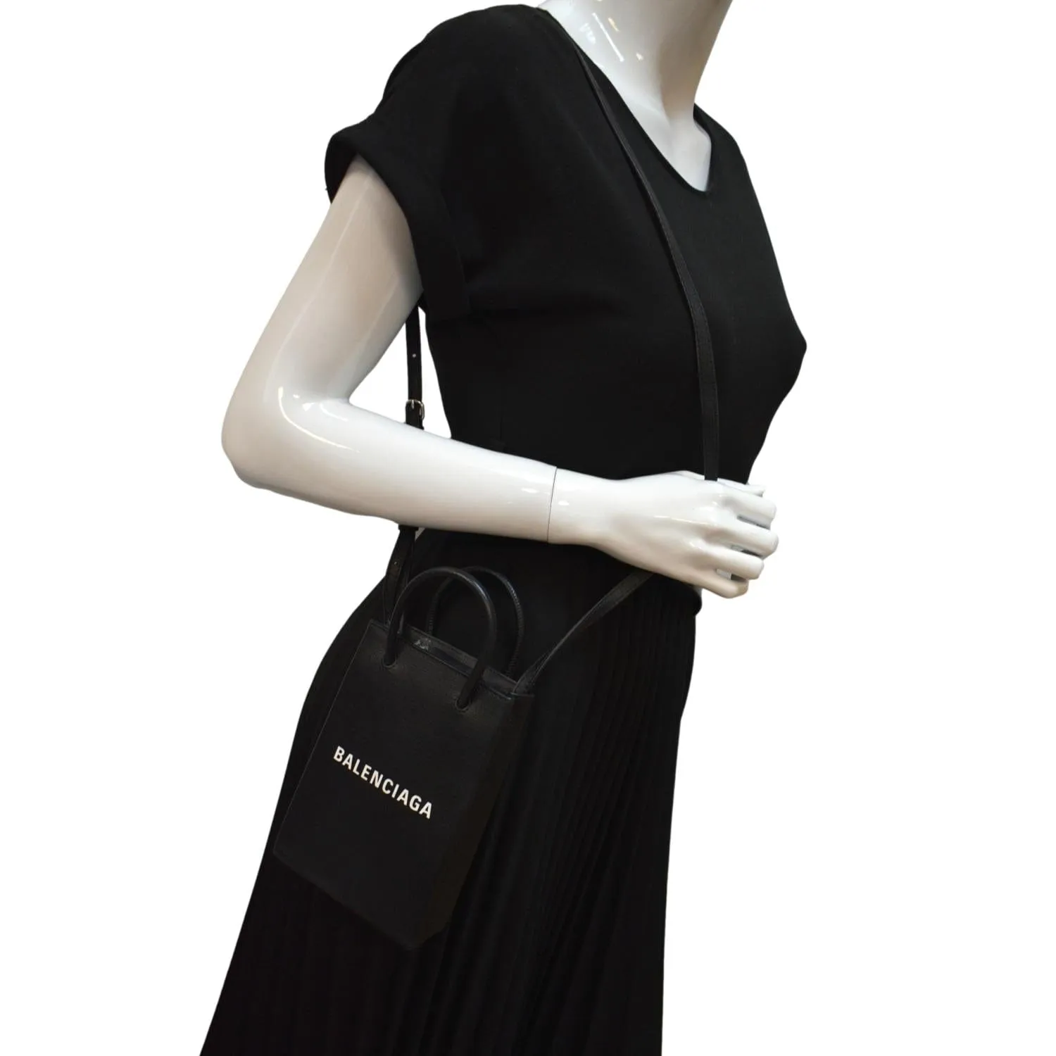 BALENCIAGA Leather Phone Holder Shopping Tote Shoulder Bag Black
