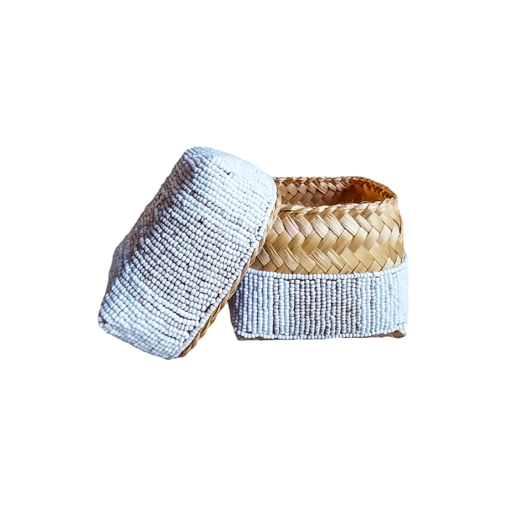 Bali Bamboo Beaded Box-White and Beige