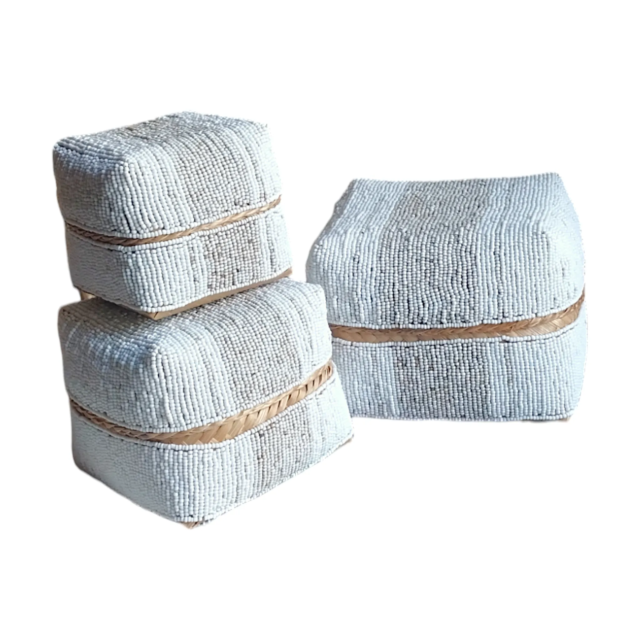 Bali Bamboo Beaded Box-White and Beige