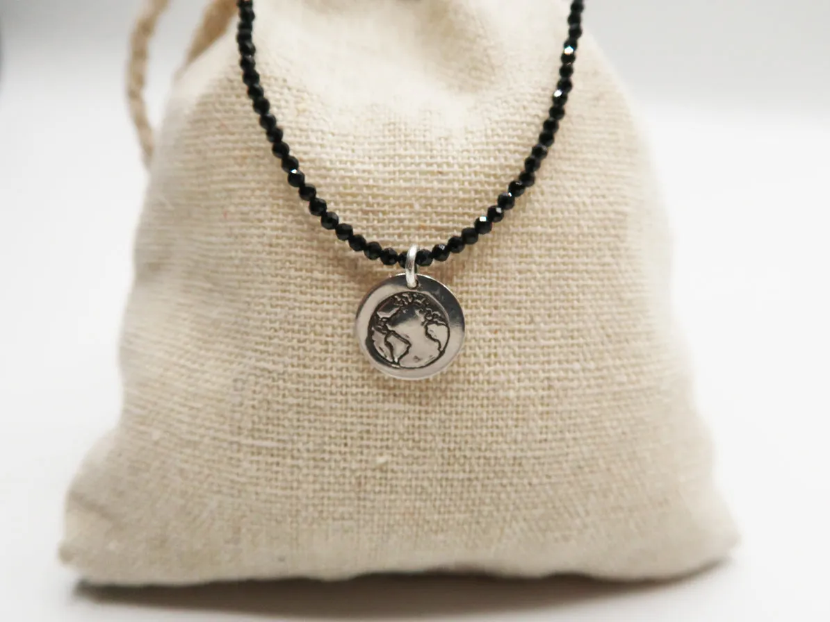 BE ONE. BE KIND. STERLING SILVER CHARM BLACK GEM BEADED NECKLACE
