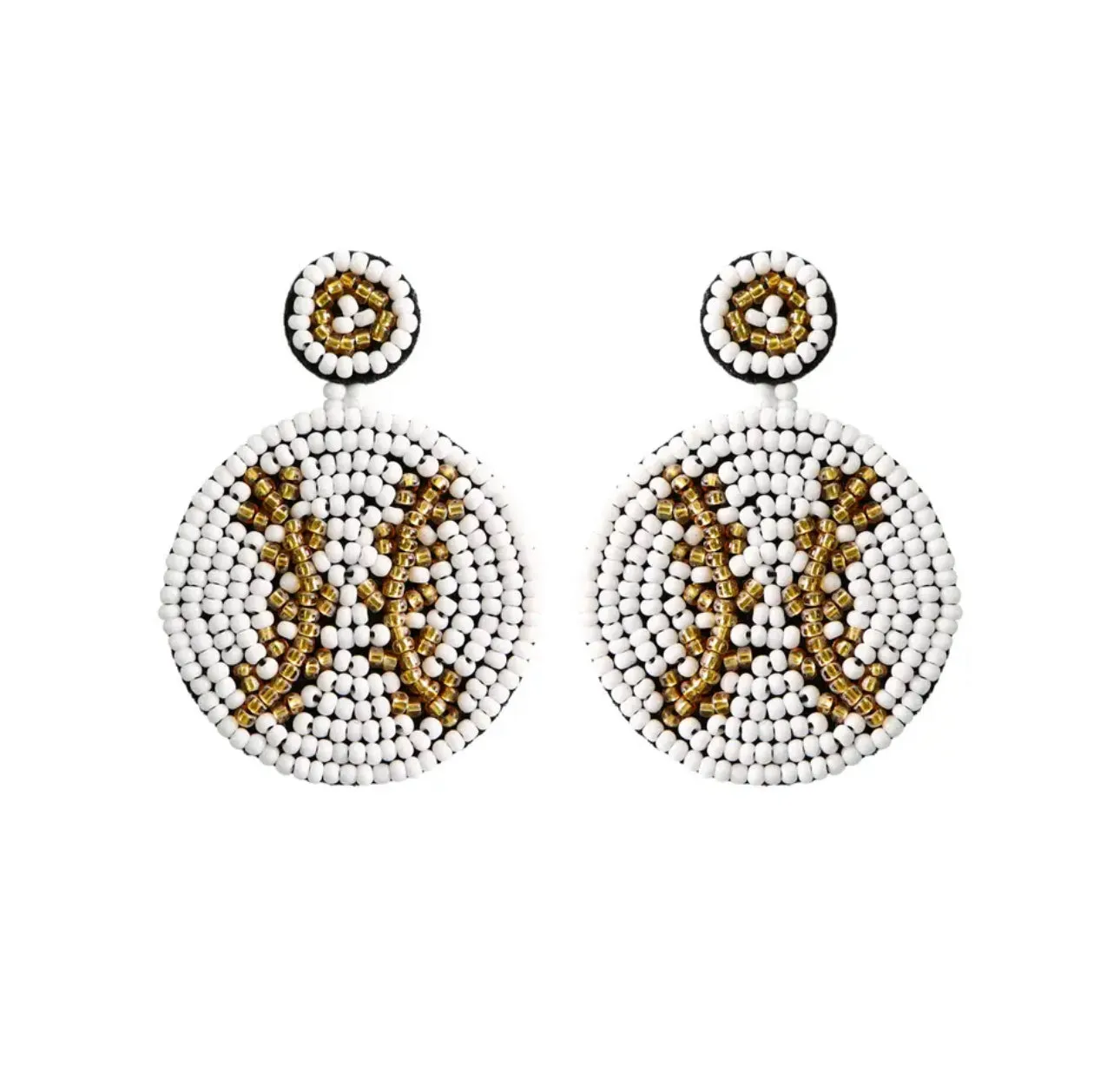Beaded Dangle White Baseball with Red Or Gold Stitching Earrings 230-1 | Erika Williner Designs