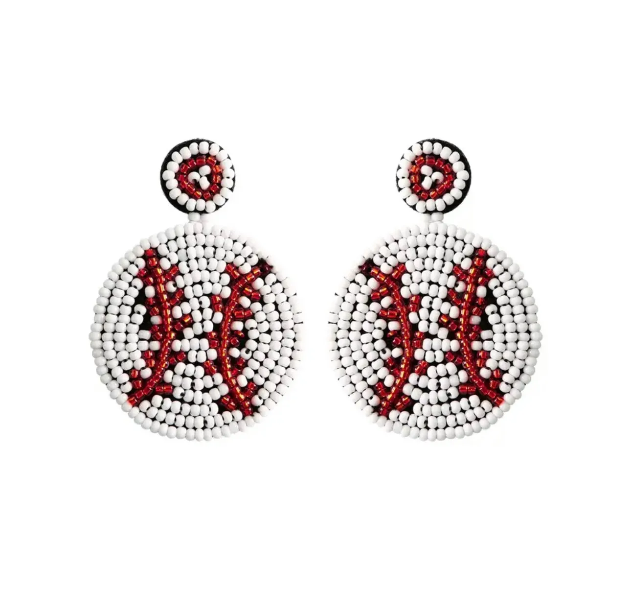 Beaded Dangle White Baseball with Red Or Gold Stitching Earrings 230-1 | Erika Williner Designs