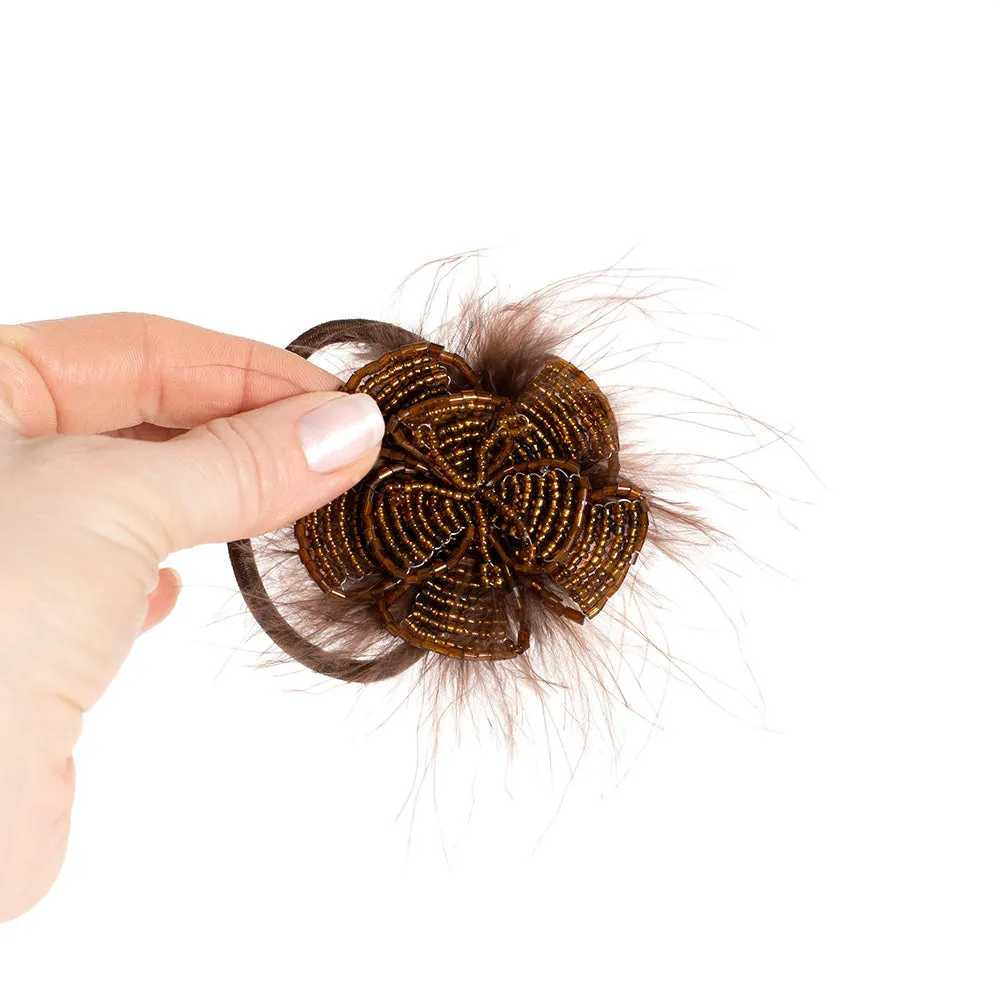 Beaded Flower and Feather Elastic Ponytail Holder
