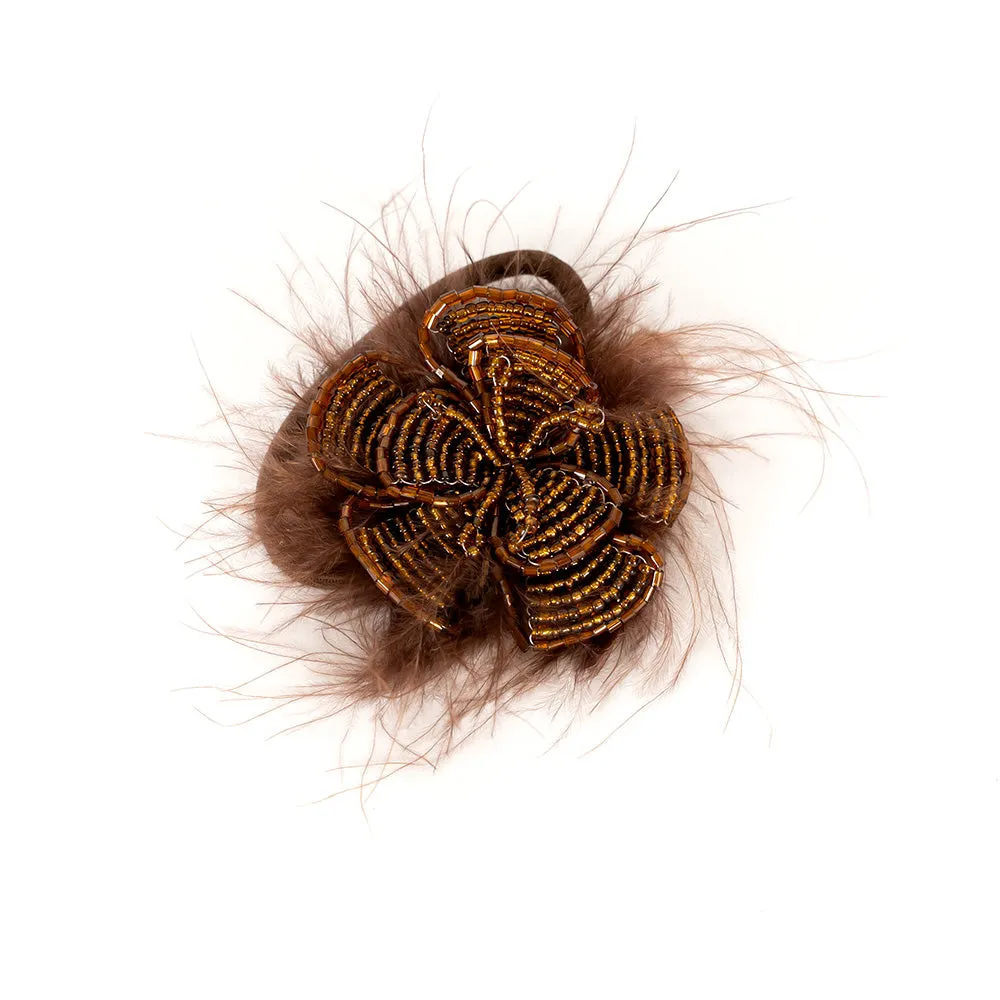 Beaded Flower and Feather Elastic Ponytail Holder