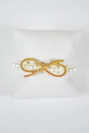 Beaded Pearl & Bow Metal Bracelet