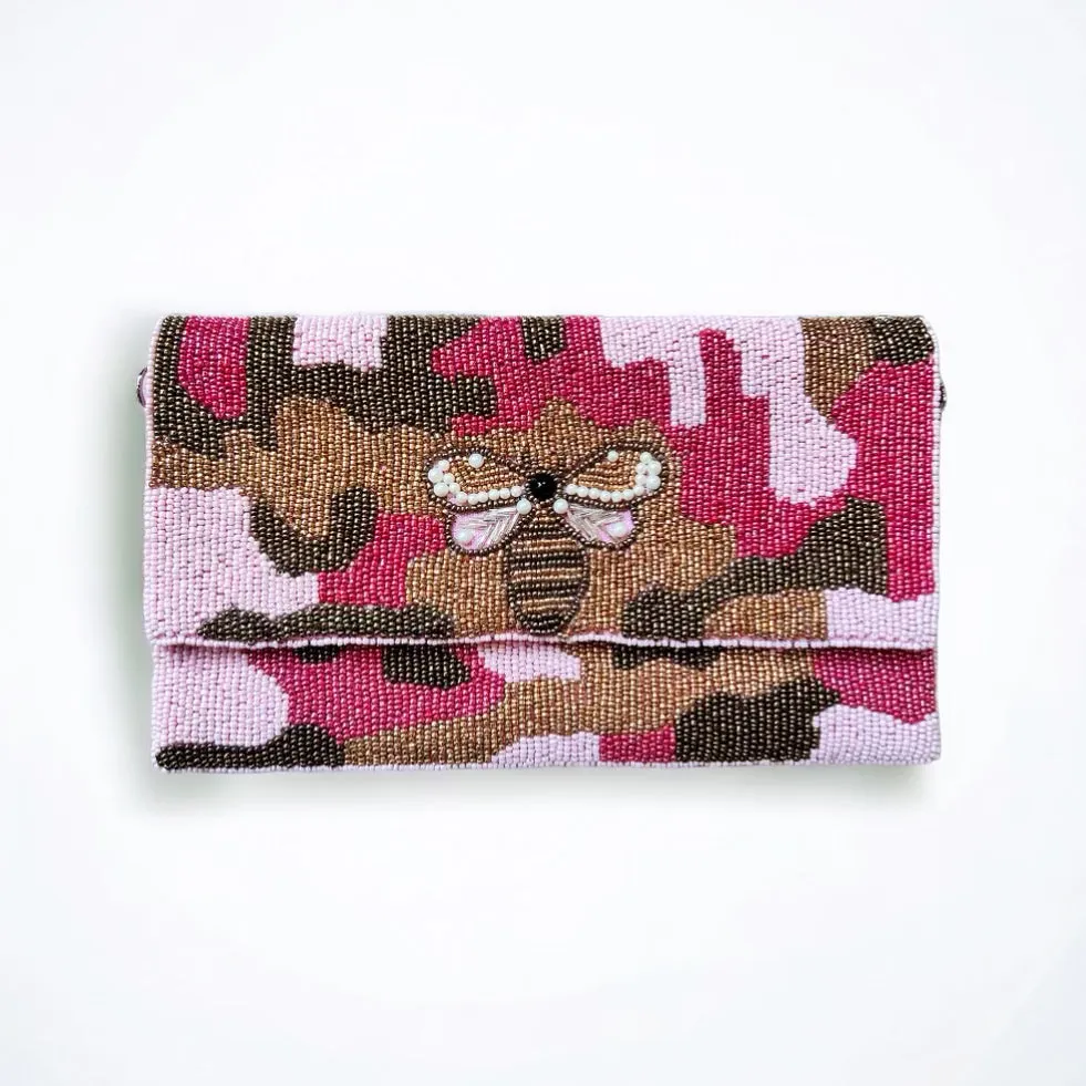 Beaded Pink Camo Bee Handbag