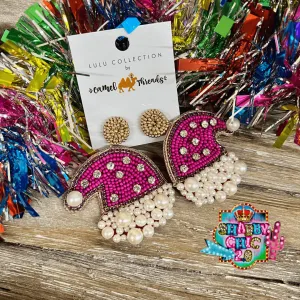 Beaded Pink Santa Hat Earrings